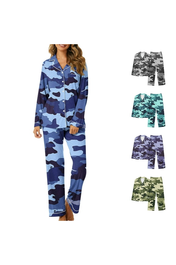 Womens Lounge Pajama Sets Camo Print Sleepwear Two Piece Fall Long Sleeve Button Down Shirt and Casual Pants 2 Piece Outfits Pjs Set Blue XXL