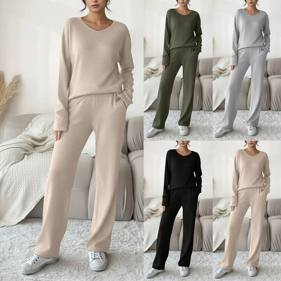 Feancey Womens Loungewear Sets Long Sleeve V Neck Knit Sweater Tops and Wide Leg Pants Pajama Set Solid Loose Sleepwear 2 Piece Spring Outfits with Pockets Khaki XL