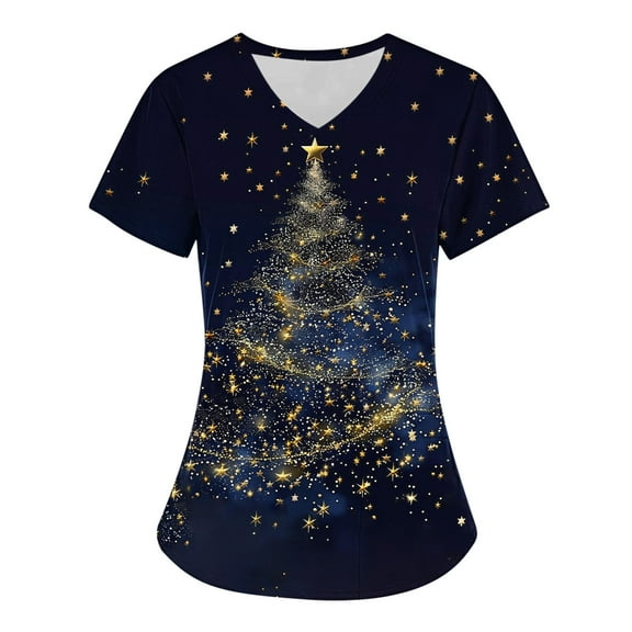 Feancey Womens Medical Scrub Tops Trendy Christmas Tree Graphic Scrubs Pockets Casual Short Sleeve V-Neck Nurse Uniforms Tunic Blouse Limited Time Multicolor3 XXL