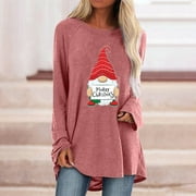 Feancey Womens Merry Christmas Santa Claus Graphic Print Tunics Dressy Long Sleeve Crewneck Shirts Casual Loose Blouse Tops for Leggings