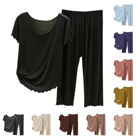 Feancey Womens Modal Lounge Set Loose Fit Pajama 2 Piece Sets for Women Short Sleeve Ruffled Top and Pants Pjs Two Piece Sleepwear Loungewear Holiday Sales Today Brown XXL