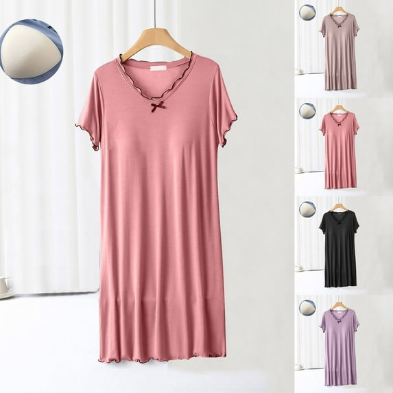 Feancey Womens Modal Nightgowns Solid Color Short Sleeve V Neck Sleep Dress Ruched Casual Loose Nightshirts Cozy Soft Pajama Dresses Summer Sale Purple M