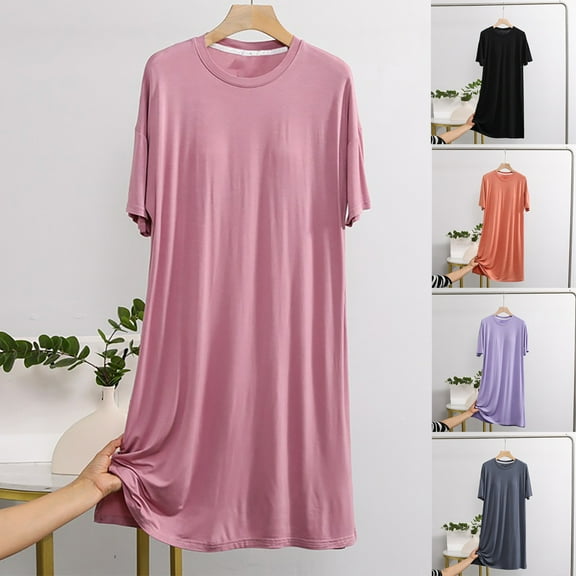 Feancey Womens Nightgowns & Sleepshirts Summer Short Sleeve Modal Sleep Dress Solid Color Casual Loose Nightdress Cozy Soft Loungewear Today's Sales Clearance Black M