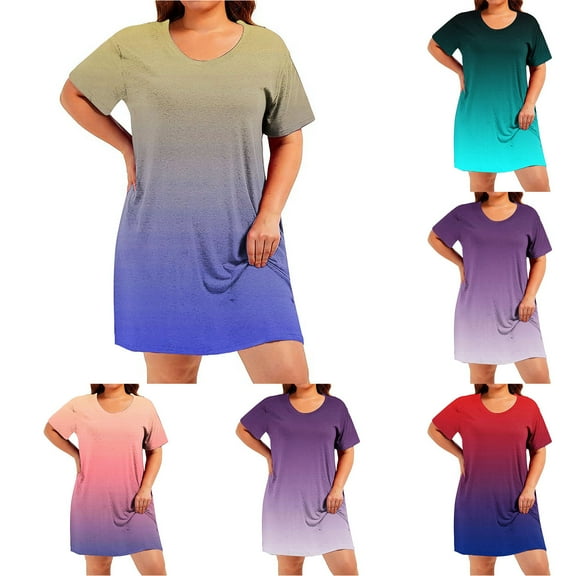Feancey Womens Nightshirts Plus Size Casual Short Sleeve Nightgowns Trendy Gradient Printed Sleep Dress Comfy Round Neck Loose Nightdresses Summer Clearance Blue XXXL