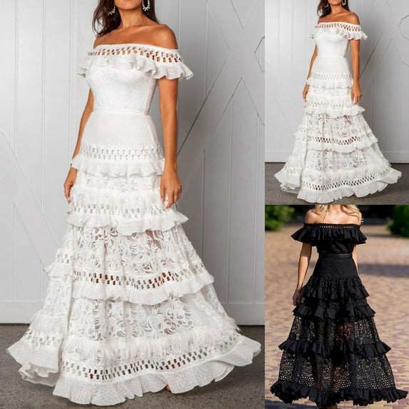 Feancey Womens Off the Shoulder Cocktail Dresses Lace Hollow Out Tiered Evening Party Dress Elegant Ruffle Flowy Maxi Dresses Todays Daily Deals