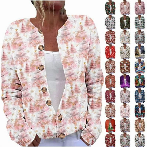 Feancey Womens Open Front Cardigan Sweaters Christmas Ugly Sweater Xmas Snowflake Print Button Down Cardigans Long Sleeve Open Front Knit Coats Red S