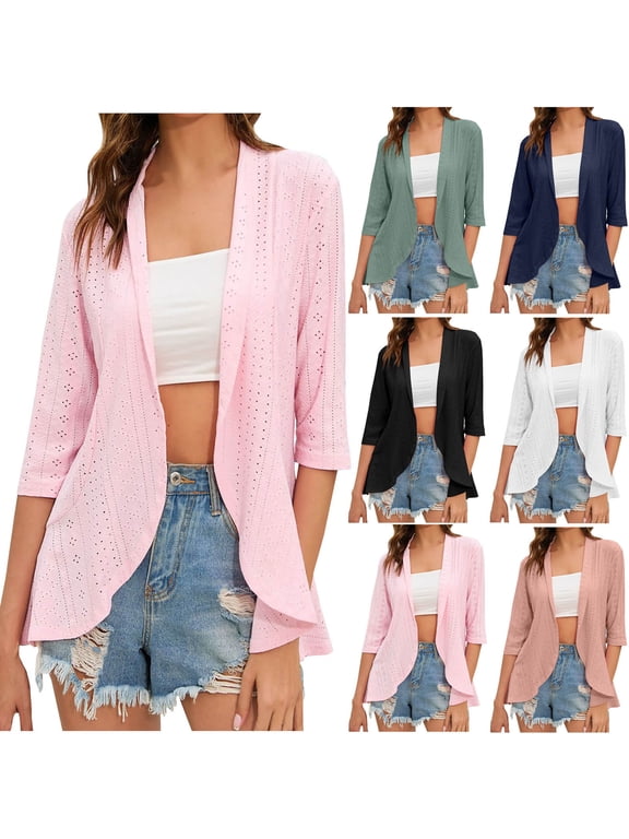 Womens Open Front Cardigans 3/4 Sleeve Bolero Shrugs Eyelet Casual Ruffled Hem Cardigan Jacket Summer Fashion Beach Cover Up Tops Green L