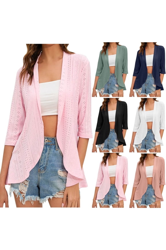 Womens Open Front Cardigans 3/4 Sleeve Bolero Shrugs Eyelet Casual Ruffled Hem Cardigan Jacket Summer Fashion Beach Cover Up Tops Green L