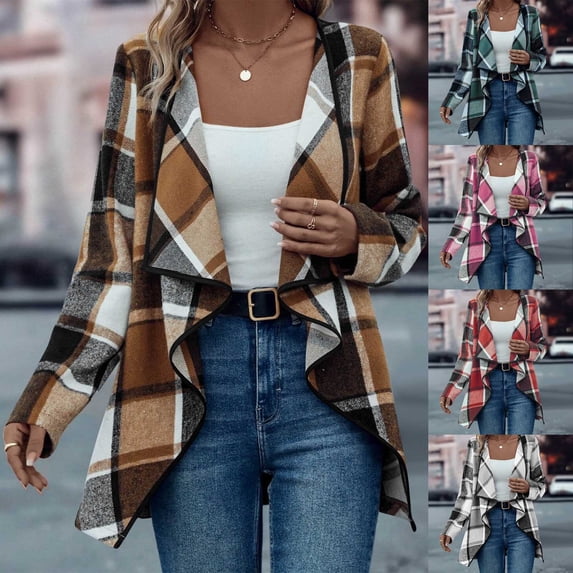 Feancey Womens Open Front Jackets 2024 Fashion Long Sleeve Plaid Cardigans Dressy Casual Office Work Jacket Fall Lightweight Cardigan Deal of The Day Clearance Coffee XL