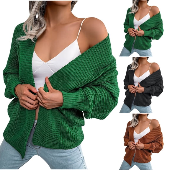 Feancey Womens Open Front Sweater Fashion Cable Knit Cardigans Solid Color Casual Knitted Jackets Comfy Loose Long Sleeve Collarless Outwear Brown XL