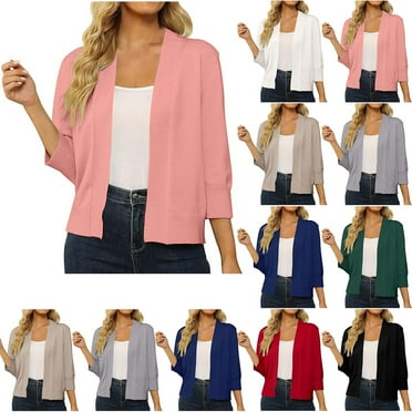 Feancey Womens Open Front Sweaters Fall Cropped Ribbed Knit Cardigans Casual 3/4 Sleeve Dusters Elegant Knitted Shrugs for Women Solid Loose Sweater Jacket Deal of The Day Black S