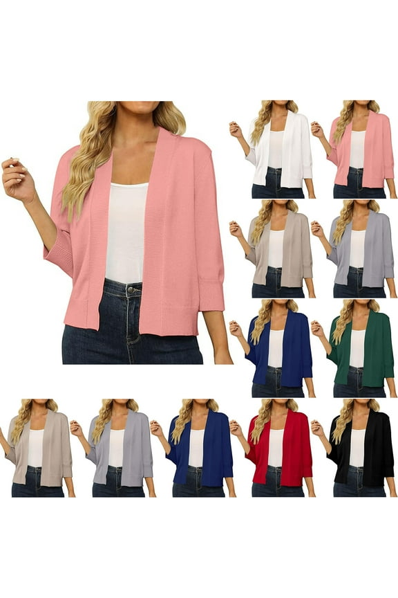Womens Open Front Sweaters Fall Cropped Ribbed Knit Cardigans Casual 3/4 Sleeve Dusters Elegant Knitted Shrugs for Women Solid Loose Sweater Jacket Gray M