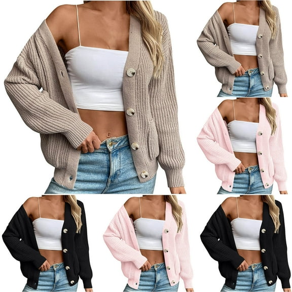 Feancey Womens Open Front Sweaters with Pockets Winter Casual Cable Knit Button Cardigans Comfy Loose Knitted Jackets Fashion Streetwear Jackets Black L