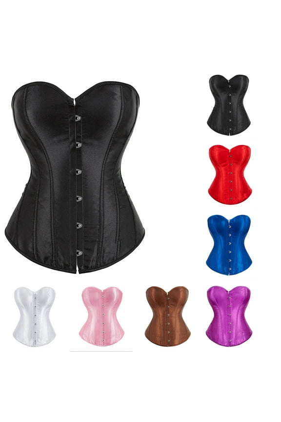 Womens Overbust Corset Plus Size Satin Bustier Tops Solid Color Lace Up Boned Corsets Tie Back Casual Waist Cincher Silk Shapewear Black L