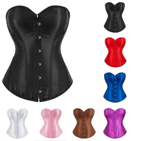 Feancey Womens Overbust Corset Plus Size Satin Bustier Tops Solid Color Lace Up Boned Corsets Tie Back Casual Waist Cincher Silk Shapewear Red XXXXL
