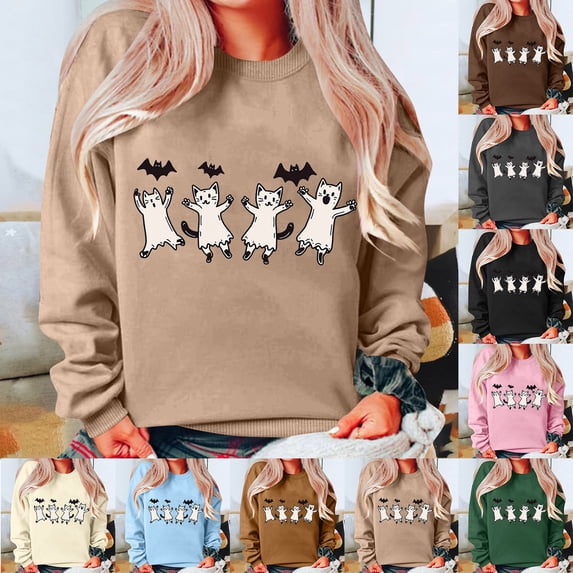 Feancey Womens Oversized Halloween Sweatshirt Holiday Casual Cat Print Crewneck Pullover Tops Teen Girl Long Sleeve Fleece Sweatshirts Army Green XXL