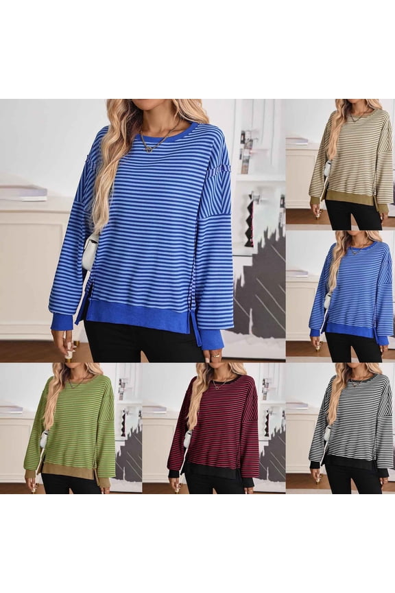 Womens Oversized Striped T Shirt Crewneck Casual Long Sleeve Shirts Colorblock Trendy Side Slit Fall Tops Cotton Soft Pullover Black M