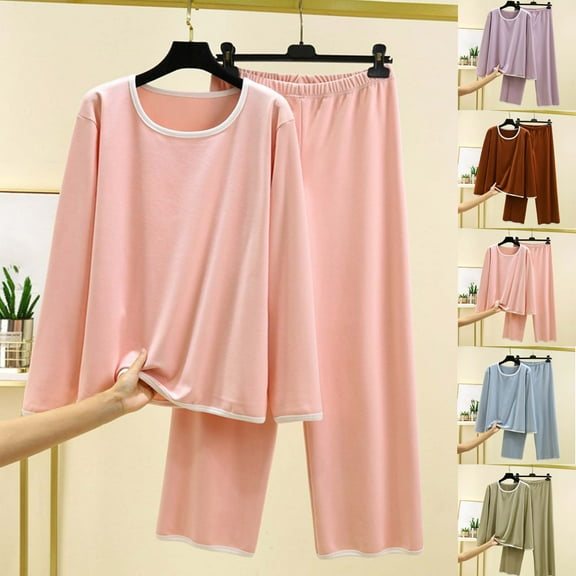 Feancey Womens Pajama Sets Fleece Long Sleeve Thermal Tops Wide Leg Pants 2 Piece Lounge Set Solid Color Loose Pj Two Piece Green XL