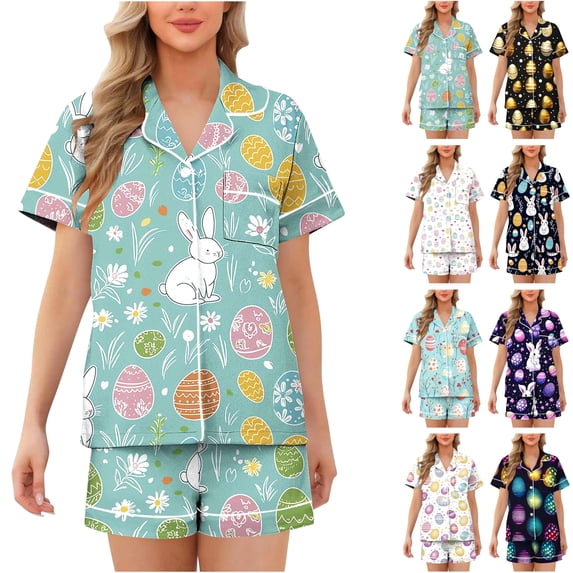 Feancey Womens Pajama Sets Shorts and Button Down Shirts Easter Pjs Set Holiday Casual Funny Rabbit Print Sleepwear Two Piece Sky Blue S