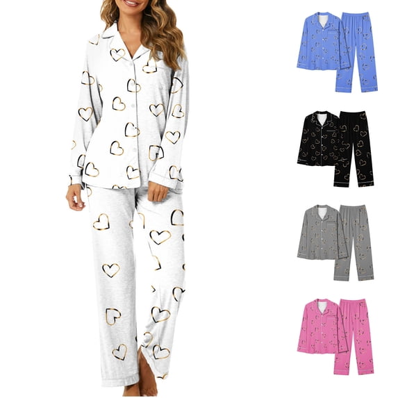 Feancey Womens Pajama Sets Soft Button Down Sleepwear Two Piece Long Sleeve Casual Heart Printed Nightwear with Lounge Pants for Daily Home Wear White M