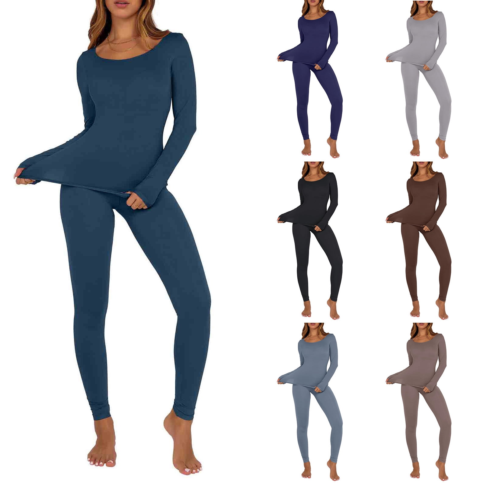 Feancey Womens Pajamas Set Long Sleeve Crewneck Basic Top Long Johns ...