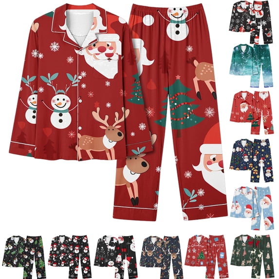 Feancey Womens Pajamas Sets Christmas Tree Print Button Down Shirt and Wide Leg Pant Lounge Set Holiday Casual Long Sleeve Sleepwear Xmas Gifts for Women Multicolor XL