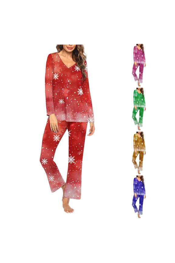Womens Pjs Sets Long Sleeve Christmas Pajama Set Novelty Snowflake Print Loungewear Outfits V Neck Casual Ruched Tops and Pant Suits Red XL