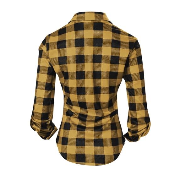 Feancey Womens Plaid Button Down Shirts Lightweight Long Sleeve Slim Fit Gingham Shirt Dressy Casual Collared Checkered Shirts for Work Daily Wear Yellow L