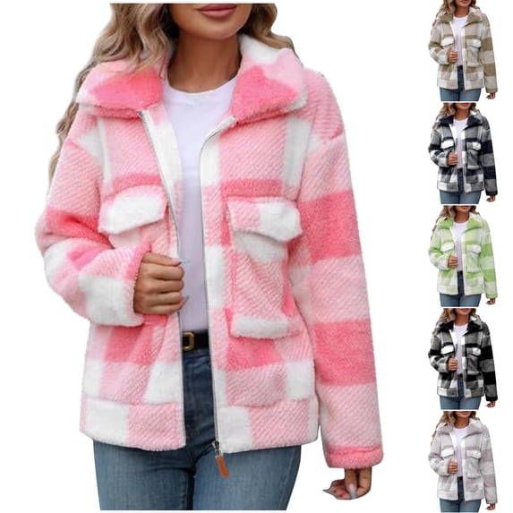 Feancey Womens Plaid Fleece Jacket Winter Fuzzy Warm Overcoat Lapel Button Down Flannel Shacket Jackets Comfy Plush Zipper Coats with Pockets Black XXL