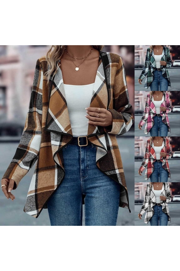 Plaid Cardigans for Women Trendy Open Front Shawl Jackets Dressy Casual Long Sleeve Lapel Cardigan Work Jacket Fall Clothes Red S