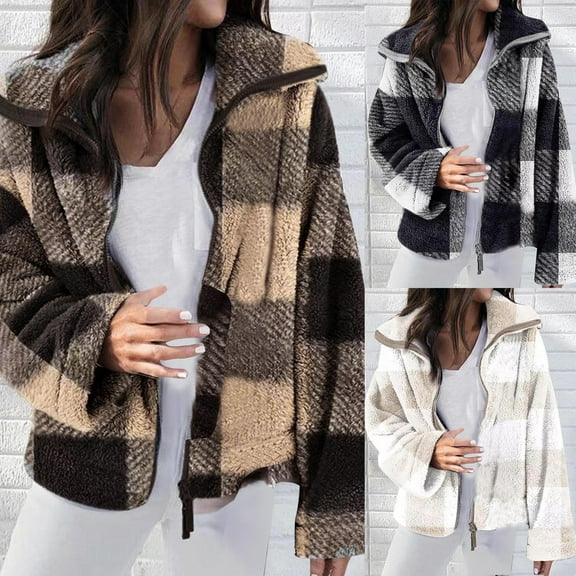 Feancey Womens Plaid Shacket Jacket Winter Fleece Warm Zip up Jackets Fuzzy Long Sleeve Collared Outerwear Thicken Thermal Overcoat Black apricot XXL