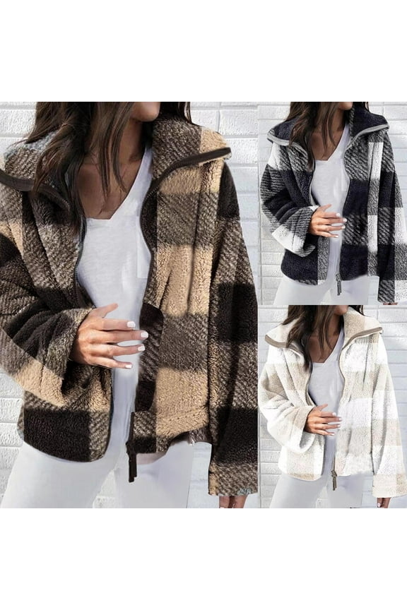 Womens Plaid Shacket Jacket Winter Fleece Warm Zip up Jackets Fuzzy Long Sleeve Collared Outerwear Thicken Thermal Overcoat Black apricot XXL