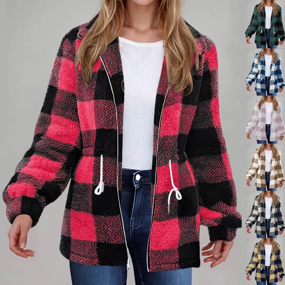 Feancey Womens Plaid Shirts Button Down Flannel Shacket Jackets Adjustable Waist Zip up Winter Coats Comfy Fleece Warm Outerwear Red XL