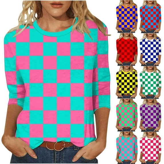 Feancey Womens Plus Size 3/4 Sleeve Tunic Tops Colorblock Plaid T-Shirts for Women Crewneck Loose Work Blouse 2025 Trendy Going Out Graphic Tees Navy 3XL