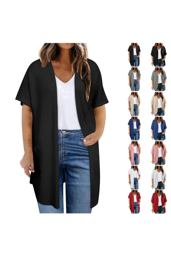 Womens Plus Size Cardigan Casual Short Sleeve Waffle Knit Kimono Jackets Open Front Knitted Cardigans for Office Work Navy 3XL