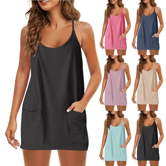 Feancey Womens Plus Size Casual Dresses Sleeveless Spaghetti Strap Pajama Dress Solid Color Loose Mini Dresses Summer Beach Short Dress with Pockets Dark Blue XL