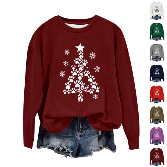 Feancey Womens Plus Size Christmas Sweatshirts Trendy Xmas Tree Graphic Crewneck Pullover Oversized Drop Shoulder Long Sleeve Tops Lightweight Sweatshirt Red 5XL