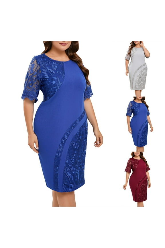 Womens Plus Size Cocktail Dresses 2025 Dressy Trendy Lace Half Sleeve Midi Dress High Waist Elegant Evening Gowns Wedding Guest Dresses Daily Sales Blue XXL
