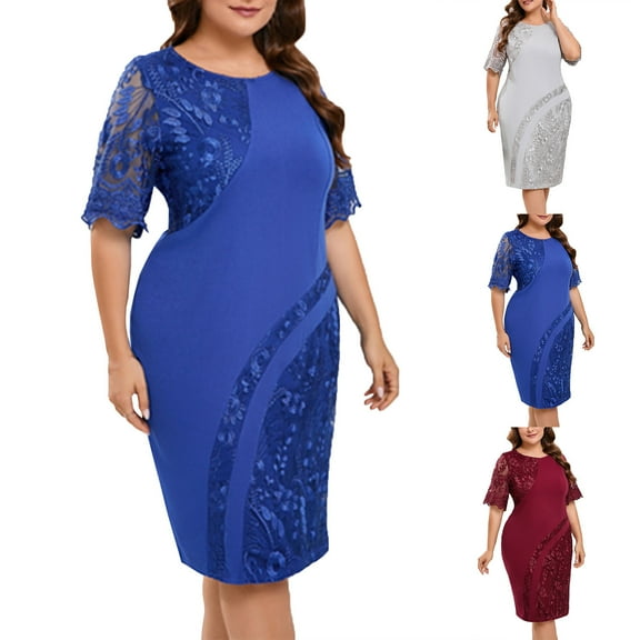 Feancey Womens Plus Size Cocktail Dresses 2025 Dressy Trendy Lace Half Sleeve Midi Dress High Waist Elegant Evening Gowns Wedding Guest Dresses Daily Sales Blue XXL