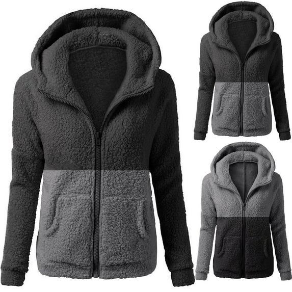 Feancey Womens Plus Size Fuzzy Coat Lightweight Fashion Hooded Zip Up Jackets Fall Winter Warm Fleece Coats for Women with Pockets Gray L