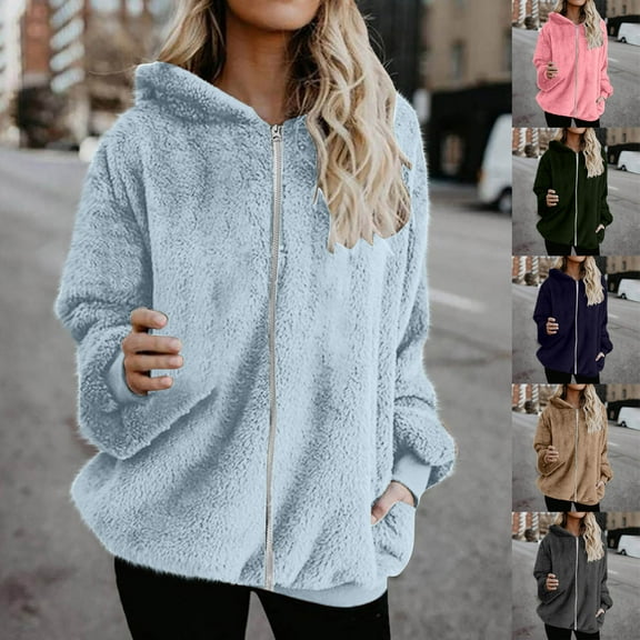 Feancey Womens Plus Size Fuzzy Jackets Soft Plush Zip Up Hoodies Comfy Fleece Warm Winter Coats Solid Casual Hooded Jacket with Pockets Navy L