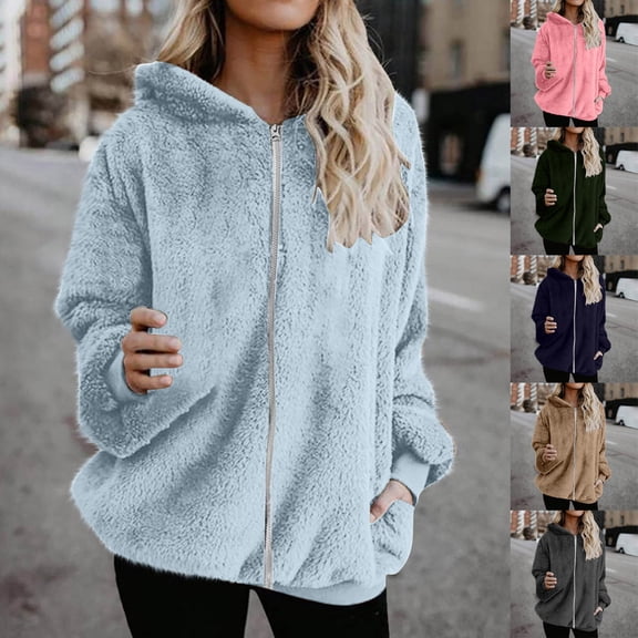 Feancey Womens Plus Size Fuzzy Jackets Soft Plush Zip Up Hoodies Comfy Fleece Warm Winter Coats Solid Casual Hooded Jacket with Pockets Navy 4XL