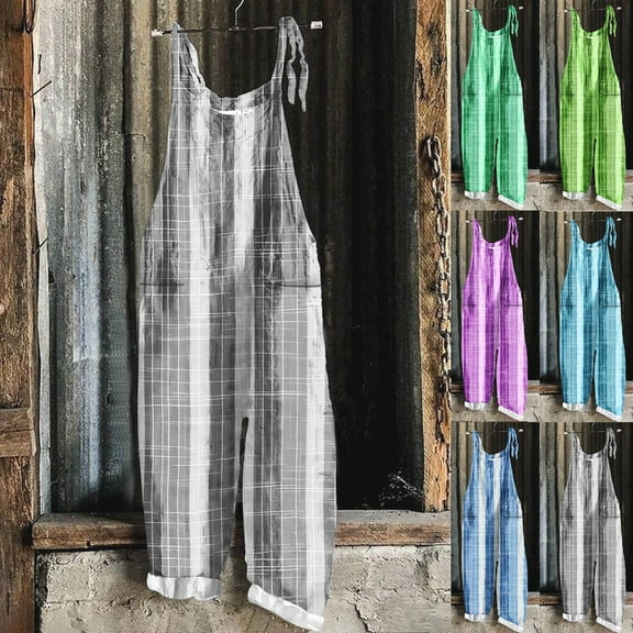 Feancey Womens Plus Size Linen Jumpsuits Casual Plaid Print Bib Overalls Summer Tie Strap Sleeveless Rompers for Women Boho Hippie Jumpsuit with Pockets Gray 4XL