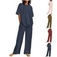 thumbnail image 1 of Feancey Womens Plus Size Linen Sets Summer Casual Loose 2 Piece Set Short Sleeve Round Neck Tshirt and Long Pants Lounge Outfits with Pockets Khaki XXL, 1 of 7