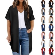 Feancey Womens Plus Size Long Cardigans Business Casual Waffle Knit Cardigan Summer Short Sleeve Open Front Kimono Jackets with Pockets Black 3XL