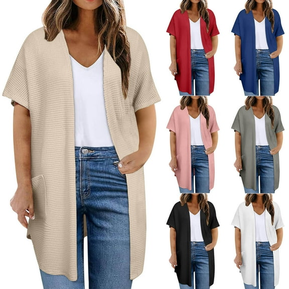 Feancey Womens Plus Size Long Cardigans Business Casual Waffle Knit Cardigan Summer Short Sleeve Open Front Kimono Jackets with Pockets Khaki XL