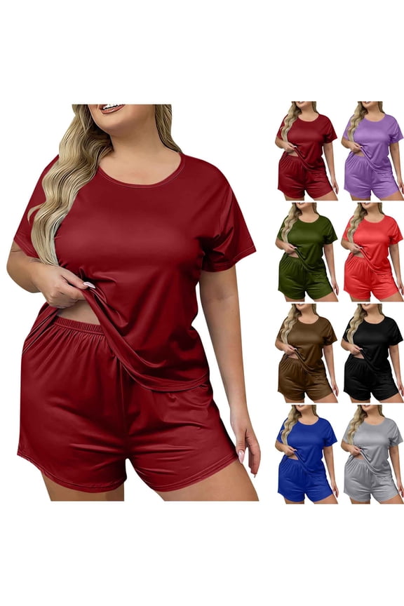 Womens Plus Size Lounge Set 2 Piece Pajamas Sets Short Sleeve Tops and Shorts Matching Set Summer Travel Loose Comfy Sleepwear Red XXL