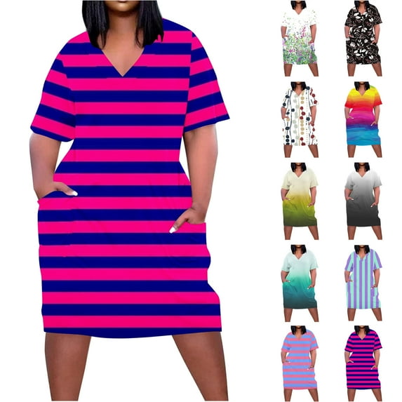 Feancey Womens Plus Size Mini Dresses Summer Trendy Colorblock Printed T-Shirt Dress Loose Fit V Neck Casual Vacation Dresses with Pockets Multicolor XL