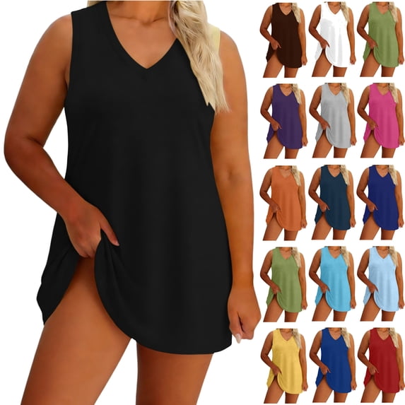 Feancey Womens Plus Size Mini Dresses Loose V Neck Sleeveless T Shirt Dress Comfort Casual House Dresses Solid Color Tank Dress Yellow XXL