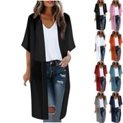 Feancey Womens Plus Size Open Front Cardigan Half Sleeve Lightweight Long Cardigans Loose Fit Casual Boho Kimonos Solid Color Swimsuit Cover Ups Black 3XL